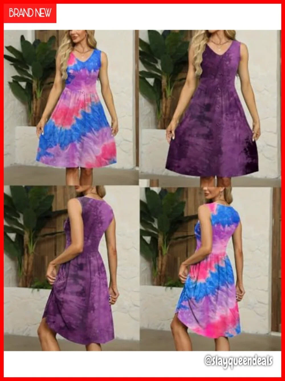 Sleeveless Midi Sundress with Pockets Button Down Empire Waist V-Neck